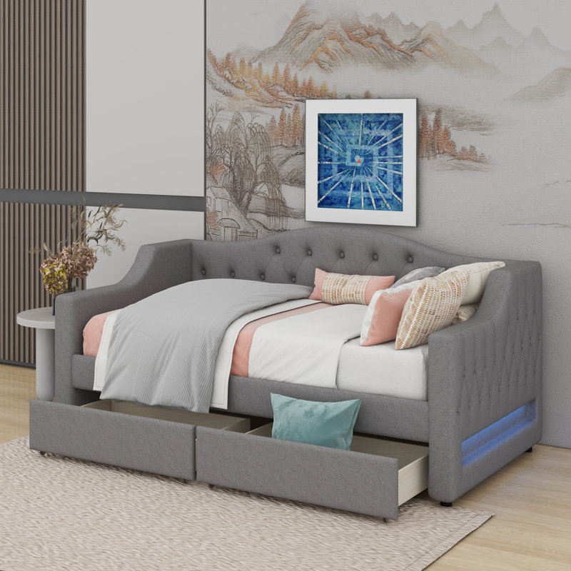 Upholstered Twin XL Size Daybed With LED Belt And 2 Drawers, Gray