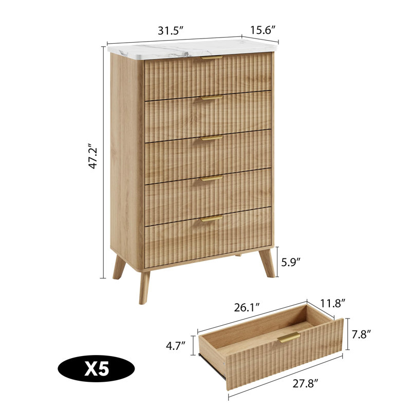 80 cm W Chest of 5 Drawers, Yellow