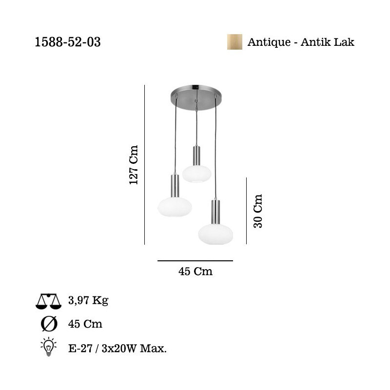 Lustre antique en laque avec base en métal, hauteur réglable de 11,8 à 50,0 pouces | Capuchon en verre de diamètre de 7,5 po, plaque de base 13,8 po x 13,8 po x 1,2 po | 3 x douilles E27 de 40 W maximum (ampoules non incluses) | Éclairage élégant p