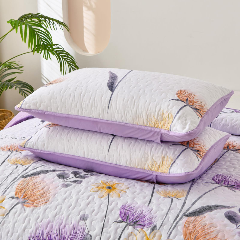 3 Pieces Floral Quilt Set Lightweight Farmhouse Style Coverlet Sets For All Season, Queen Quilt + 2 Queen Shams, Purple