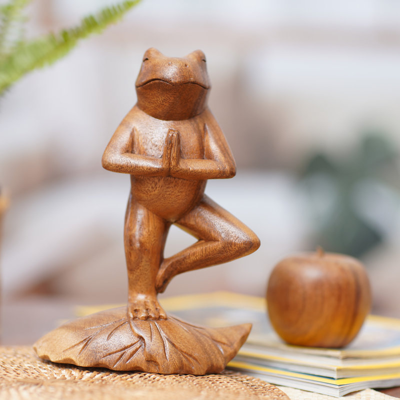 Nengah Sudarsana Tree Pose Yoga Frog Handcrafted Wood Sculpture