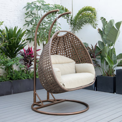 Fauteuil d'œuf d'extérieur en osier pour 2 personnes avec support et coussins Mendoza - Double balancelle suspendue résistante aux rayons UV pour patio et jardin