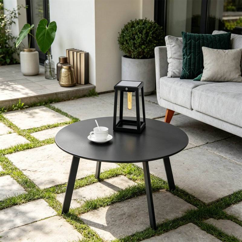 Table basse de patio ronde en acier et en métal, résistante aux intempéries, noire