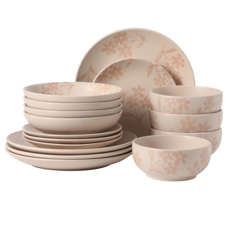 Ensemble d'assiettes et de bols Gibson Home Admiral, ensemble de vaisselle floral 16 pièces, ensemble de vaisselle en grès rose, assiettes à dîner, assiettes à salade, bols à pâtes et bols à céréales