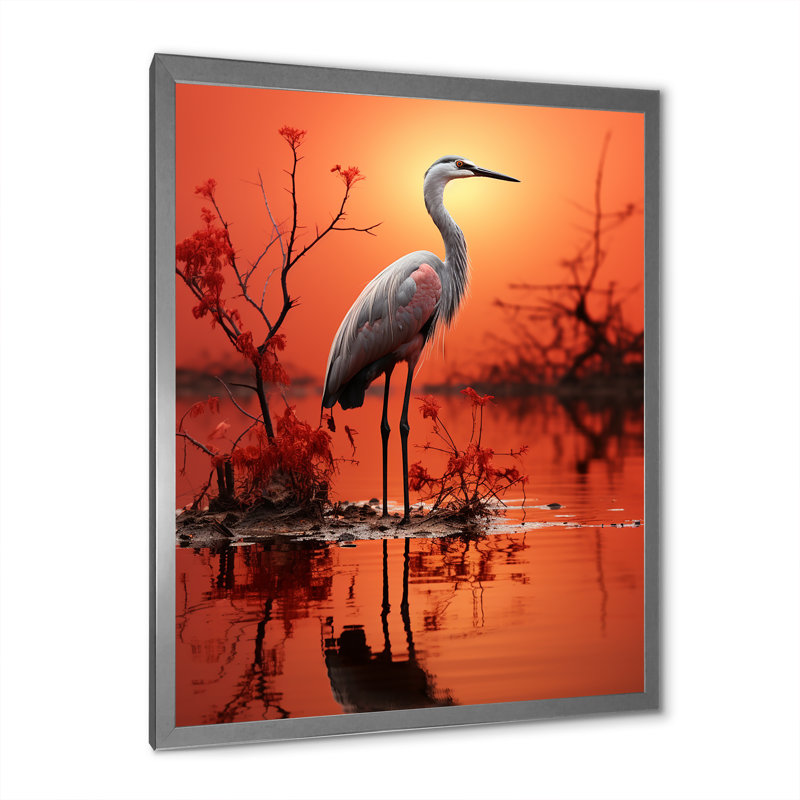 Flamant blanc élégant sur toile, Cadre simple argenté, H 44 po x l 34 po x P 1,5 po