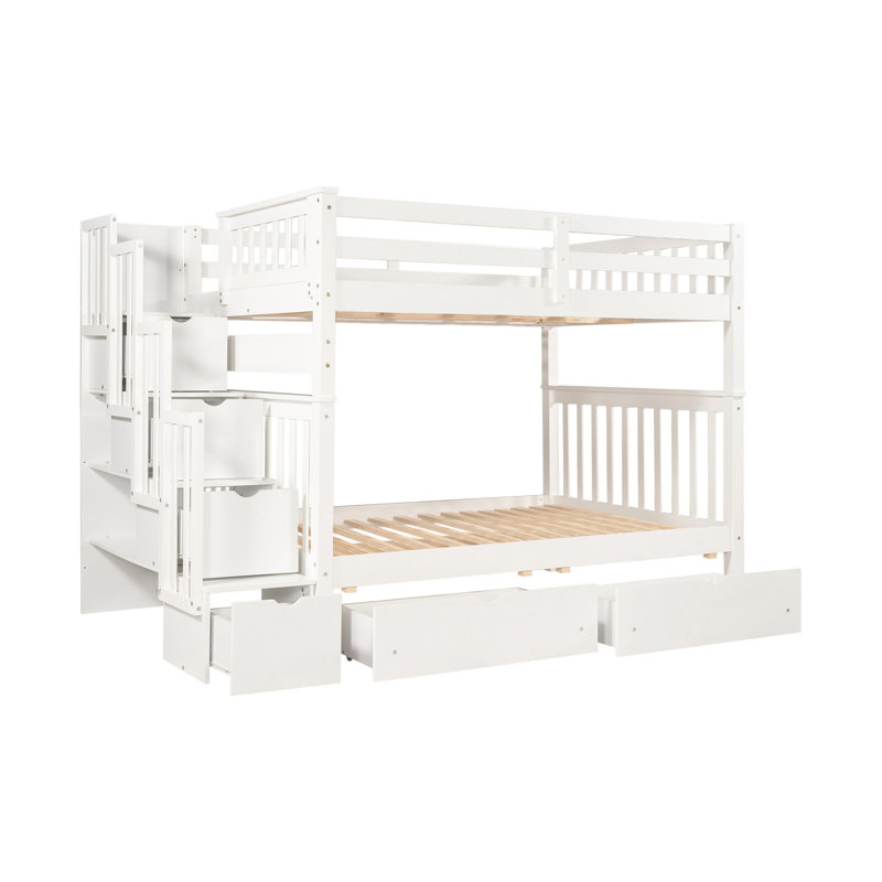 Lit superposé double au-dessus de double avec tablettes et 6 tiroirs de rangement, blanc
