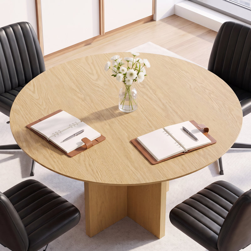 Table de conférence ronde moderne sur piédestal avec base arquée, table de réunion architecturale pour bureau, Chêne