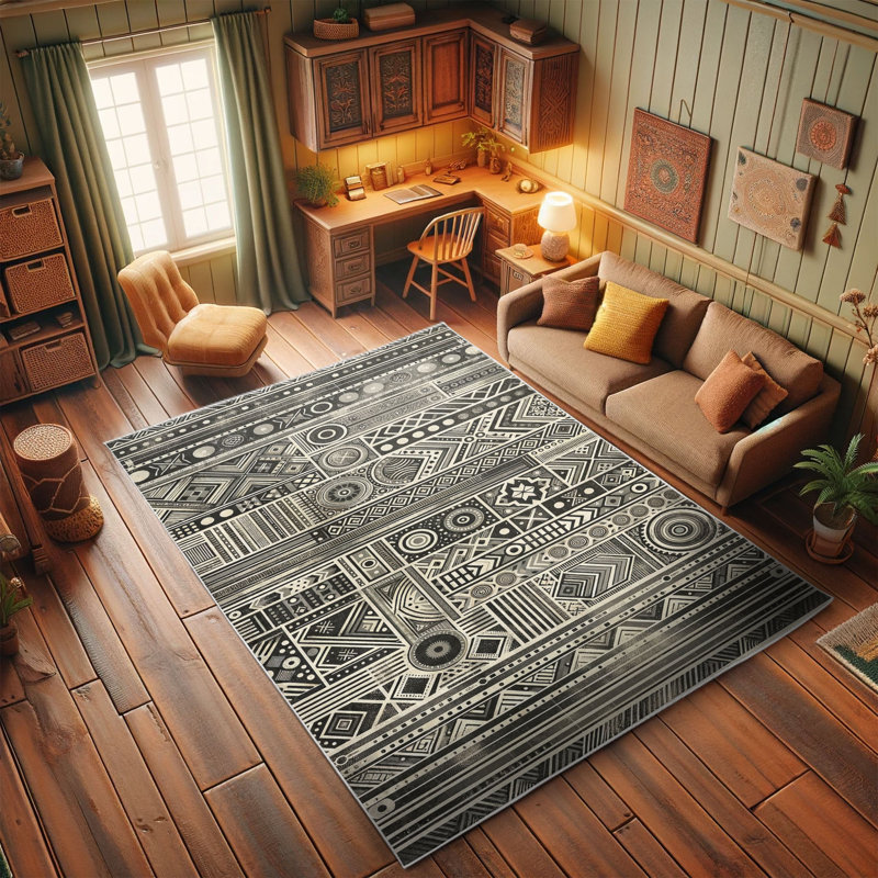 Charcoal Grey and Ivory Geometric Synthetic Area Rug 2'5" x 5'