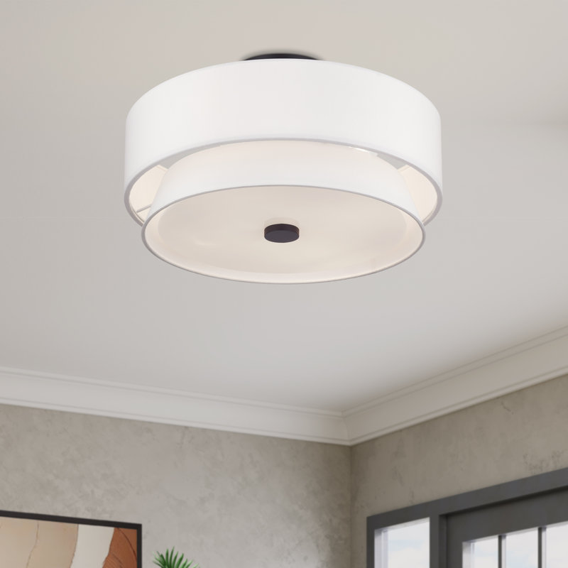 Grand semi-encastré 4 lumières en nickel brossé avec abat-jour en tissu blanc cassé fabriqué à la main, Bronze
