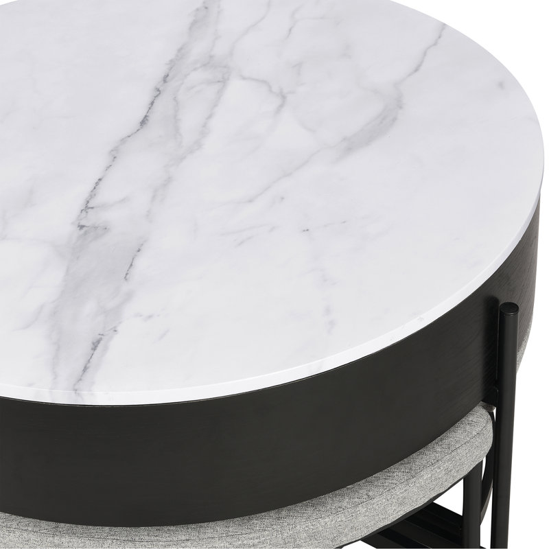 Table basse moderne à plateau relevable avec rangement et 3 repose-pieds blanc et noir, Blanc / Gris