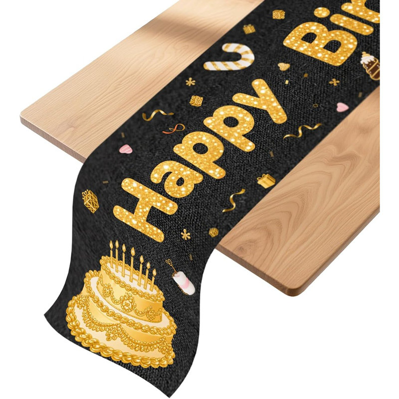 Chemin de table - noir / or - élégant, de qualité supérieure, motif de gâteau doré scintillant, anniversaire / fête, décorations de table de luxe