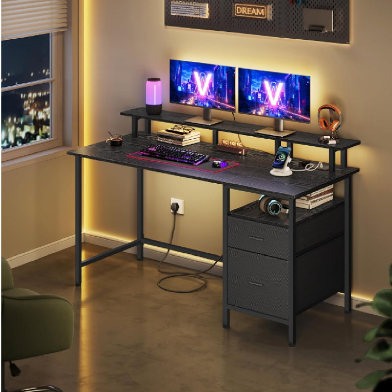 Daimar Steel Computer Desk with Built-In Electrical Outlet, 90cm H x 120cm W x 55cm D, Ebony Black