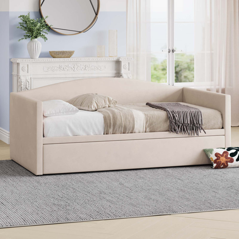 Twin Size Daybed With Extended Pop Up Trundle,Space-Saving Twin To King Design, Beige