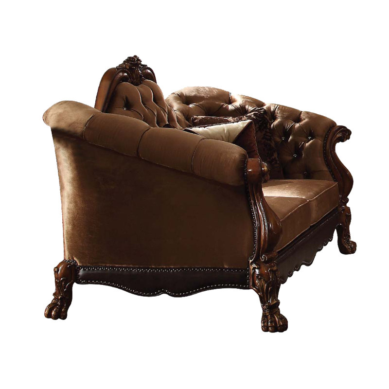 Caruthers Transitional 73"L Rolled Armest Loveseat with 5 Pillows in Bone & Gold Patina, Golden Brown Leather, Cherry