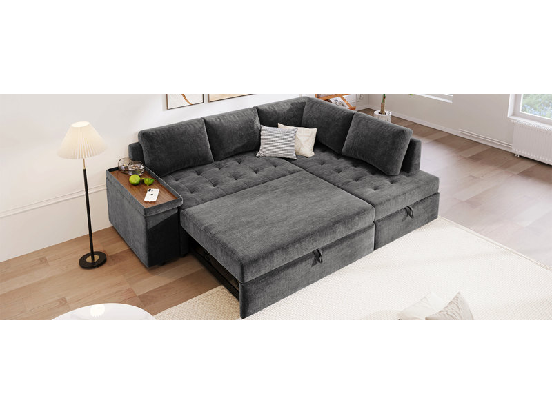 Canapé en L de 91,5 pouces avec lit escamotable et canapé-lit modulaire avec rangement caché, accoudoirs larges avec rangement, pour le salon, appartement, chambre à coucher, bureau