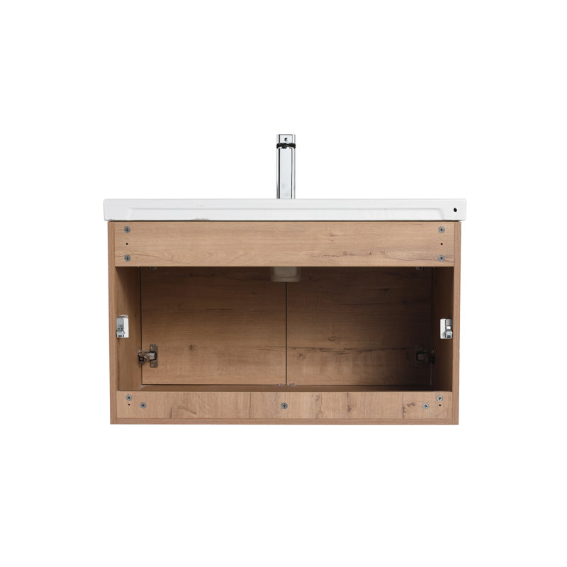 32" Wall-Mounted Floating Bathroom Vanity Cabinet with Integrated Ceramic Sink, Natural