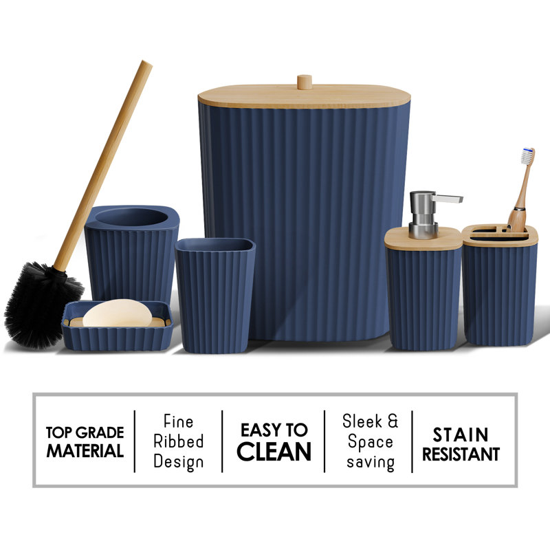 Ensemble complet d'accessoires de salle de bain 13 pièces avec accents en bambou, poubelle, brosse de toilette, 2 tapis de bain et 5 paniers de douche inclus
