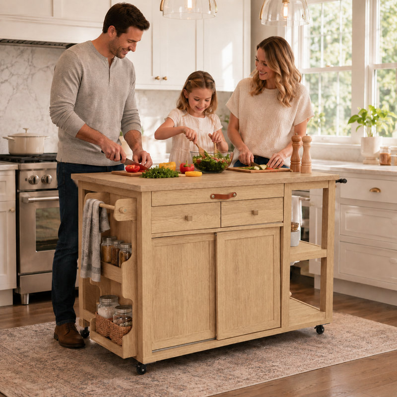 Îlot de cuisine avec prise de courant et roues, chariot à micro-ondes à roulettes en bois naturel avec rangement semi-ouvert
