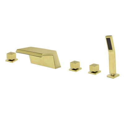 Waterfall Deck Mount Tub Faucet With Handheld Shower 5 Hole Bathtub Faucet Modern Brass 3 Handle Bathtub Fillers