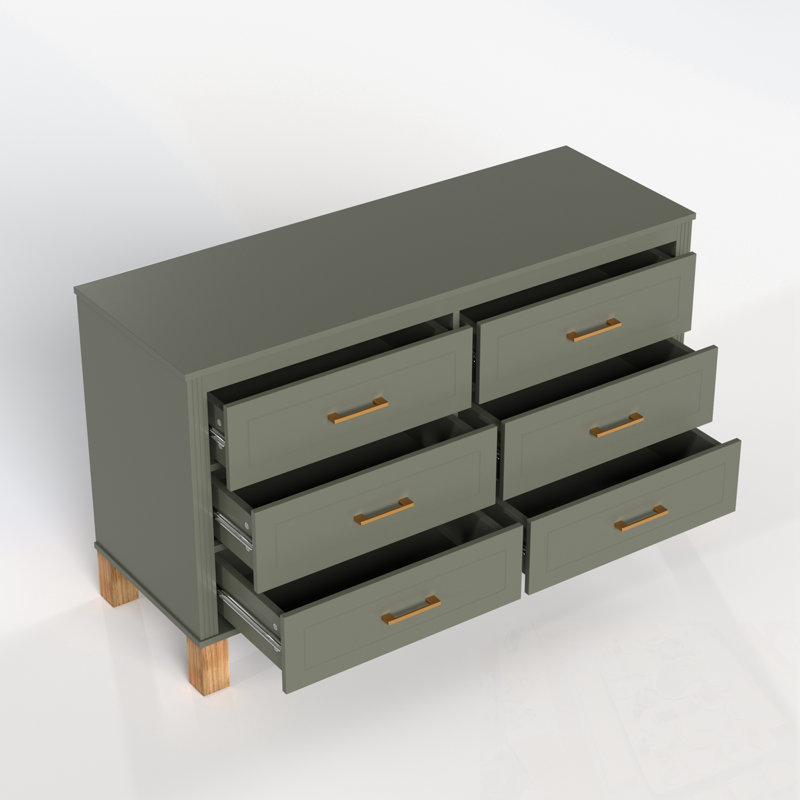 Armoire de rangement moderne à 6 tiroirs avec poignées en métal, Vert olive