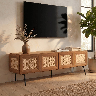  Meuble télé avec téléviseur Mossic, centre de divertissement avec rotin naturel, pieds en métal, console de rangement moderne pour le salon et la chambre à coucher, assemblage sans effort