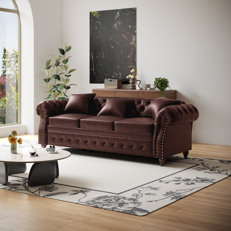 Canapé Chesterfield en similicuir - conception capitonnée classique avec rangement caché, Bourgogne
