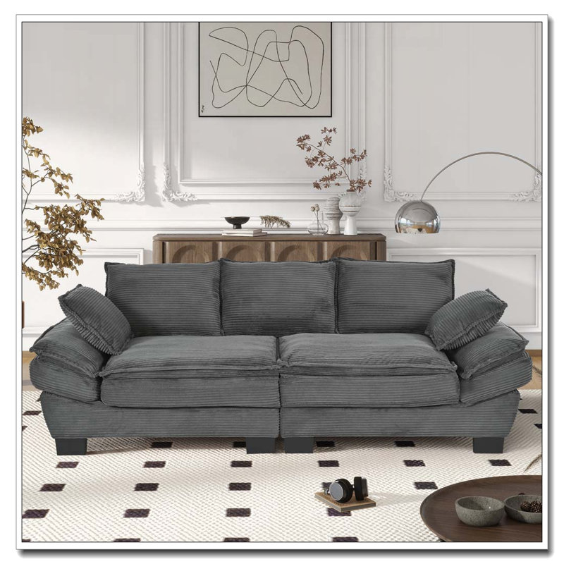 Canapé incurvé moderne 85,4 po avec velours côtelé et 4 coussins décoratifs, Gris