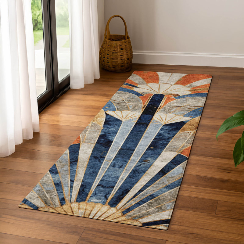 Tapis géométrique de qualité supérieure lavable à la machine Mayfield, Marine, Tapis de couloir 2 pi 3 po x 7 pi 6 po