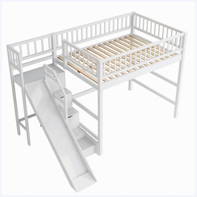 Lit mezzanine double blanc avec escalier de rangement, glissade et lumière DEL intégrée