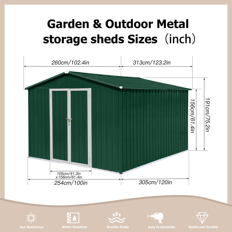 Metal Garden Storage Sheds for Outdoor Use, White/Green