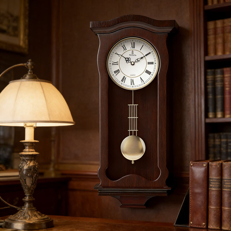 Verona Silent Pendulum Wall Clock - Battery Operated Grandfather Clock With Decorative Glass, Roman Numerals And Real Wood Frame For Living Room, Office And Home Decor
