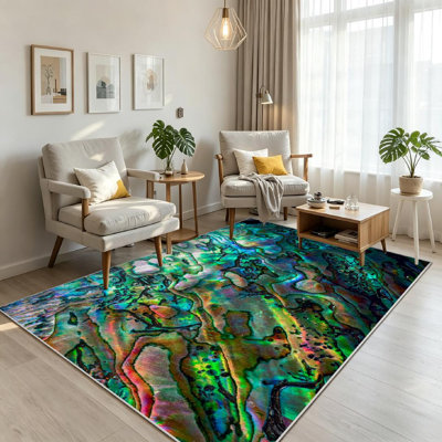Blue Machine Washable,Haliotis Shell Luxury of Abalone Abstract Ocean Nature Unique Indoor Area Rug