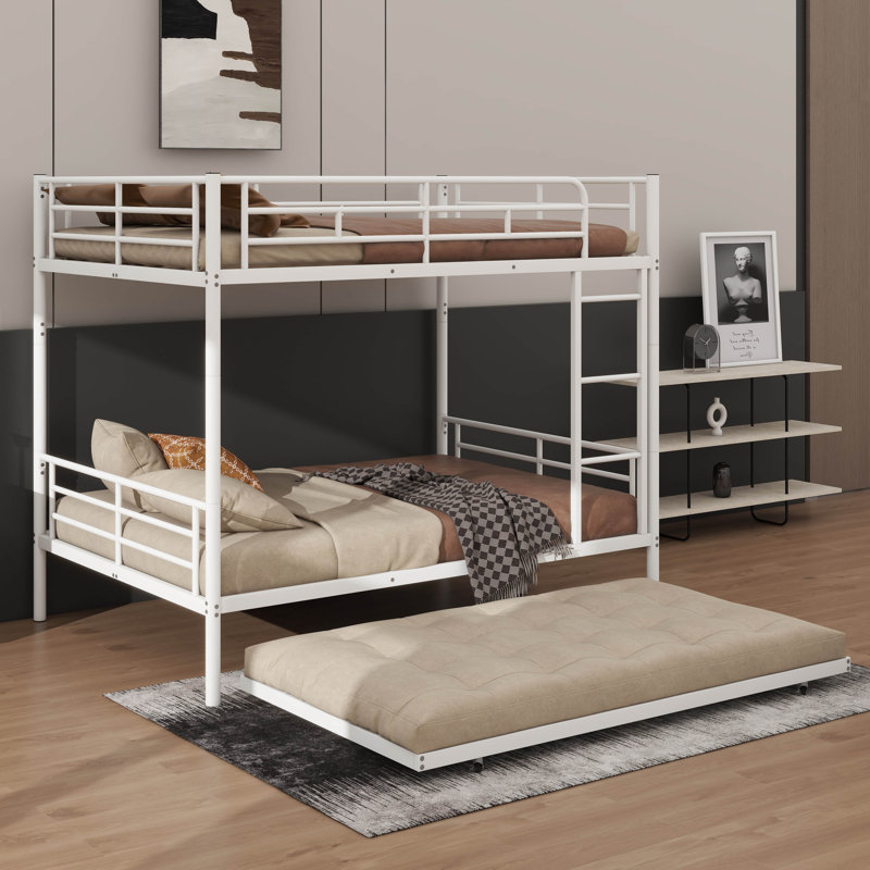 Metal Bunk Bed With Underbed Trundle, Full, White