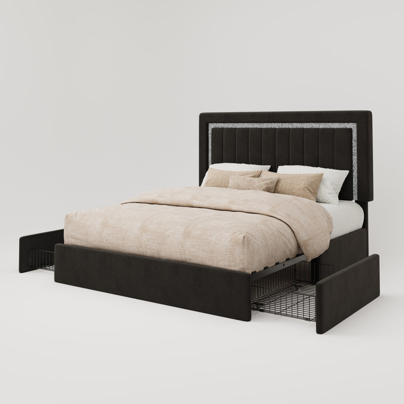 Lit plateforme moderne en velours capitonné avec tête de lit lumineuse DEL réglable, tiroirs de rangement sous le lit, format Queen, sans sommier.