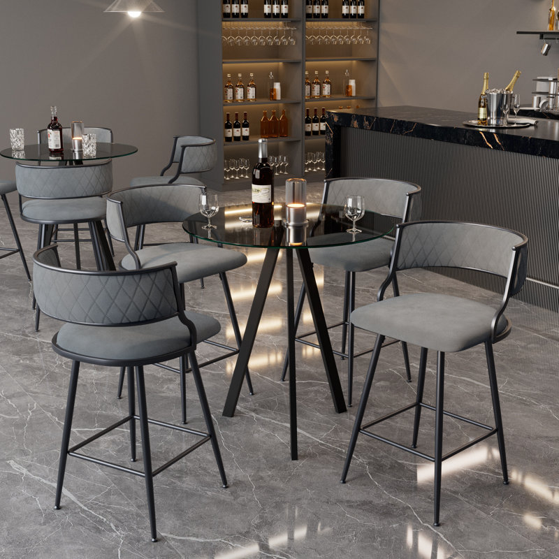 Bar Height Set, Tempered Glass Round Dining Table And Height Bar Stools, Gray, 5