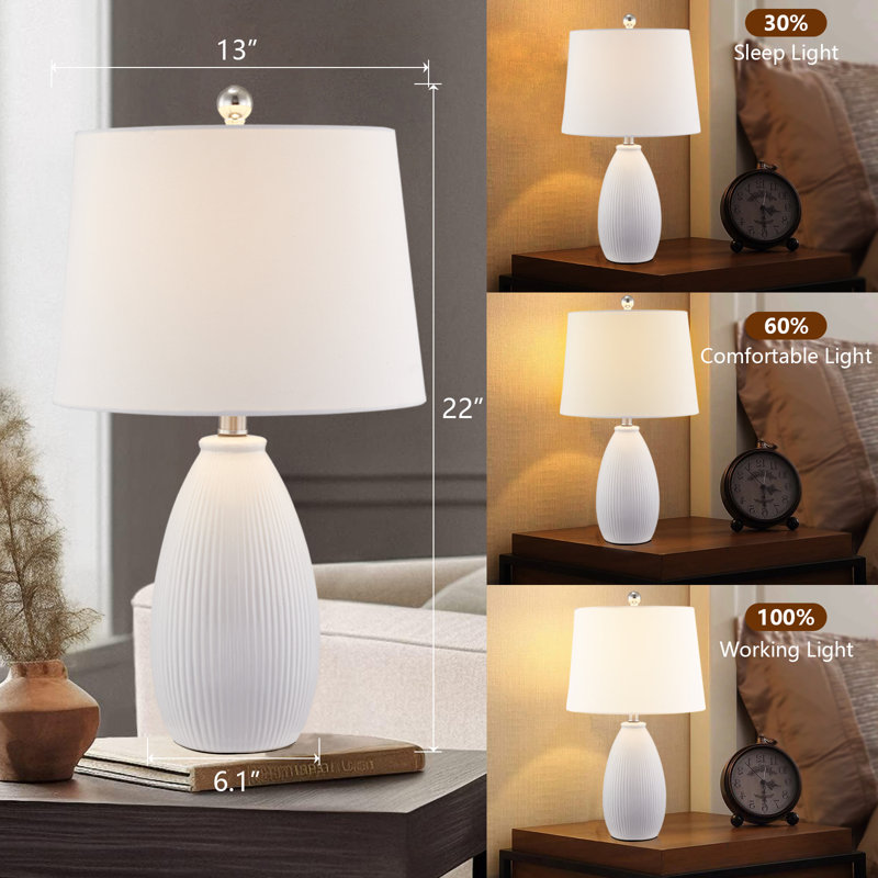 Wharton 22" Modern White Ceramic Table Lamp with 3-Way Dimming, White