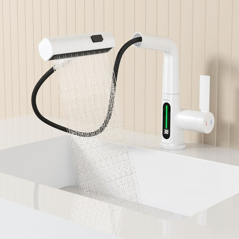 Robinet de lavabo blanc avec fonction escamotable et indicateur de température à DEL - rotatif à 360 °, 31 modes de bec, fonction de hauteur réglable et pour la salle de bain