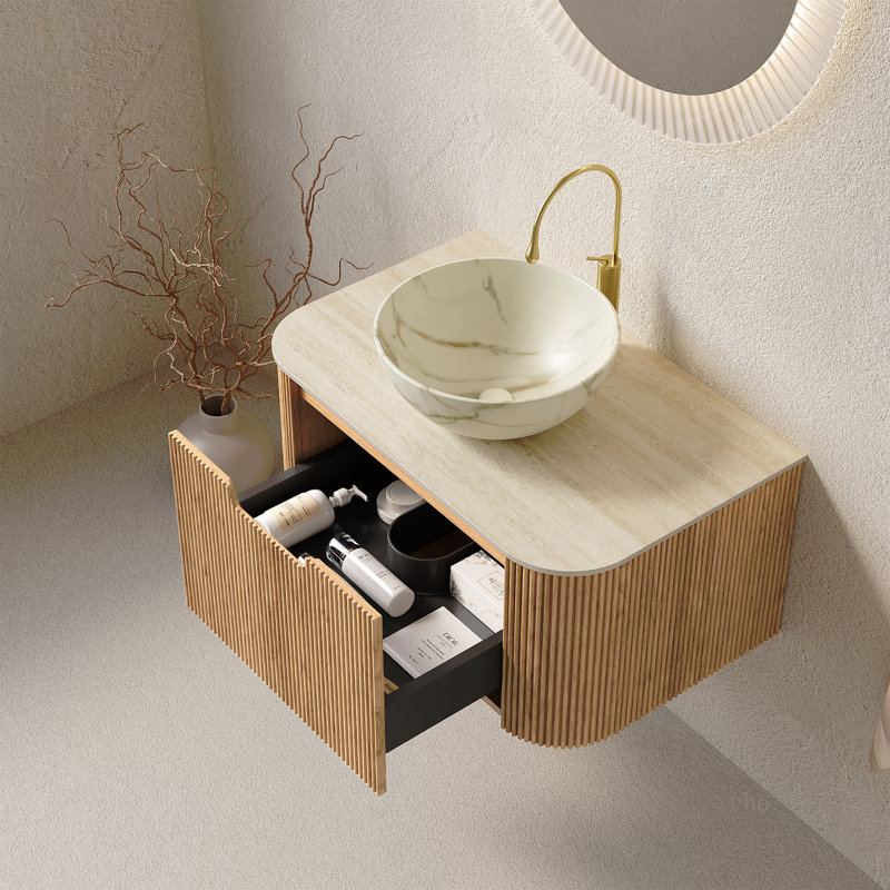 Meuble-lavabo 30 po, meuble-lavabo rayé à bords arrondis avec tiroir, cuve en céramique en céramique et plateau en pierre frittée à motif de travertin, pré-assemblé