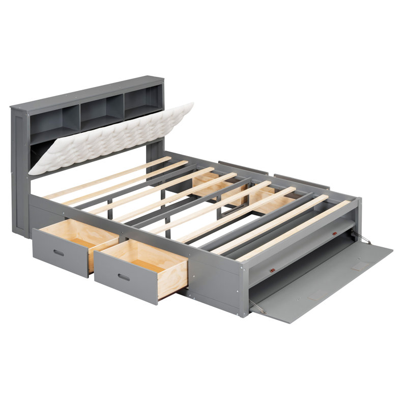 Lit plateforme en bois avec tête de lit, étagère à chaussures et 4 tiroirs, Gris