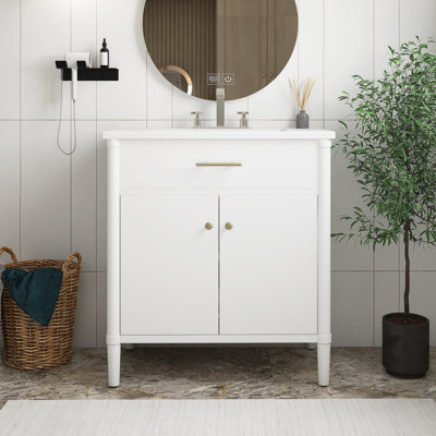 Meuble-lavabo de salle de bain avec lavabo, armoire de salle de bain avec portes à fermeture douce et tablette réglable, conception à profil courbé, pieds en bois d'hévéa