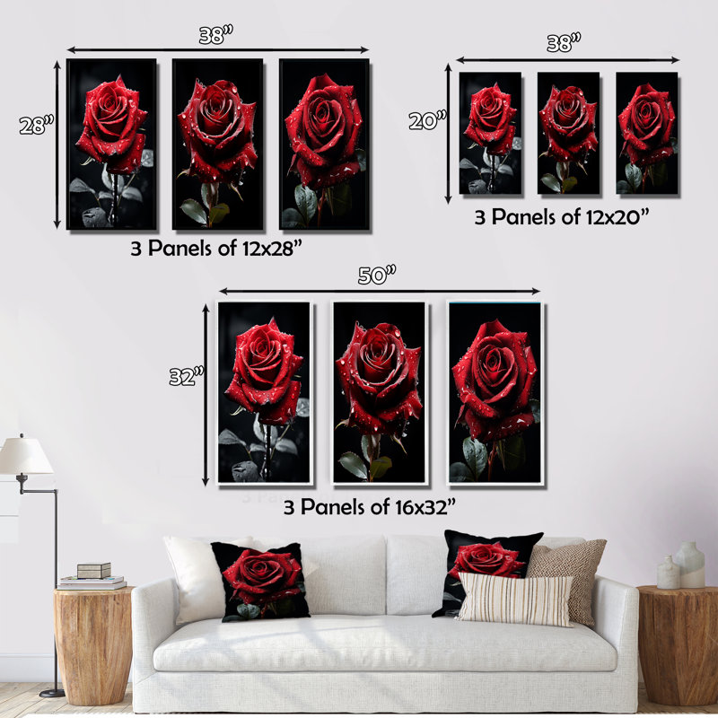 «Red Black Rose Elegance», 3 pièces sur toile, Cadre noir, H 28 po x l 36 po