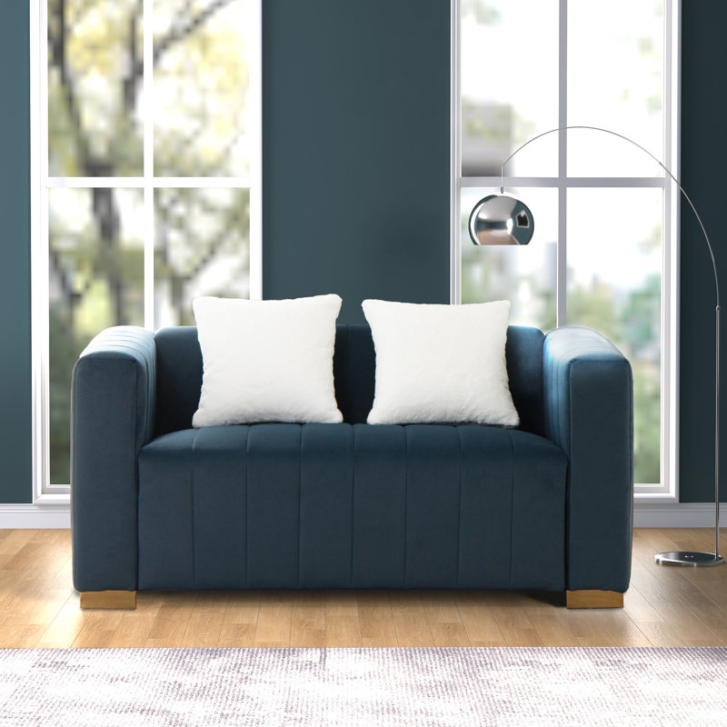 Causeuse en velours à accoudoirs carrés de 62,6 po avec 2 coussins Clifford, Doré, Bleu/gris