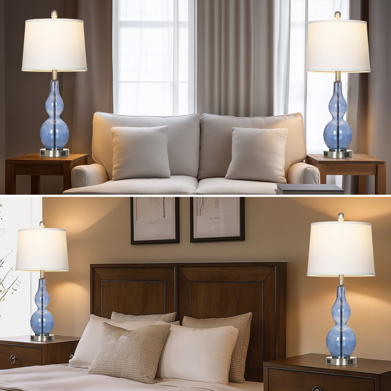 27.5" Coastal Blue Glass Table Lamp with Dimmable Touch Control & USB Ports