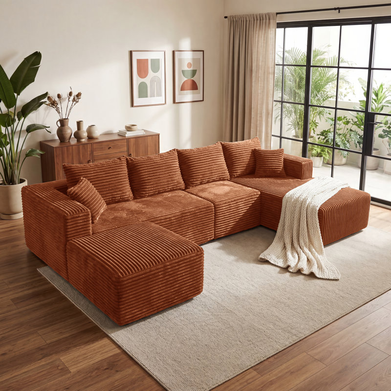 Canapé d'angle modulaire en flanelle de 276 cm (108,66 po), livré en rouleau avec 5 coussins, aucun assemblage requis, orange