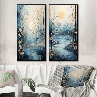 Birch Woods Winter Moonrise - ensemble de 2 reproductions