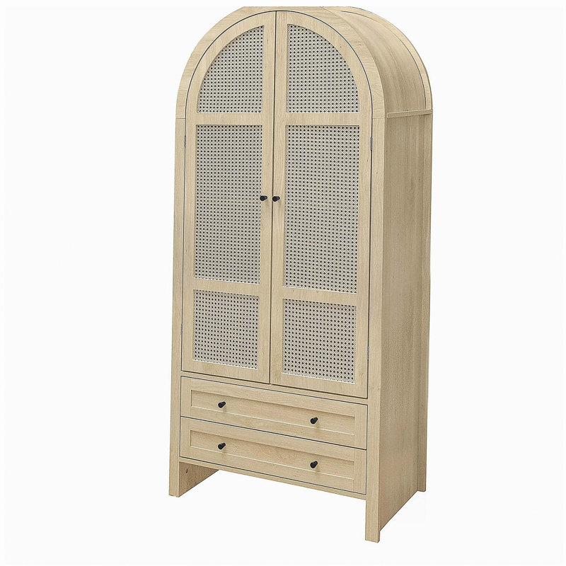 70.28" Tall Arched Kitchen Pantry, Arched Storage Display Cabinet with 2 Drawers & Adjustable Shelves,Rattan Door Versatile Storage Cabinet for Kitchen, Dining Room, Living Room