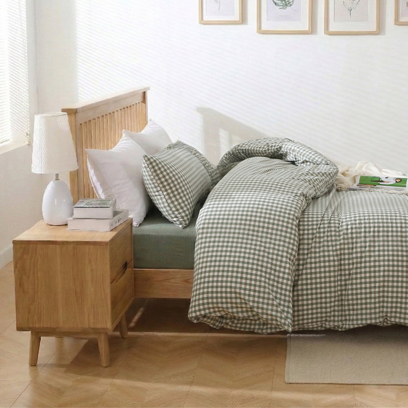 Duvet Cover Set 100% Washed Cotton Soft Bedding in Gingham Check, King Queen Duvet Cover + 2 King Pillowcases, Green