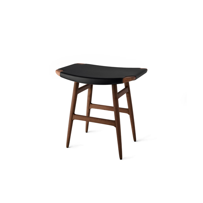 Freja Upholstered Stool with Solid Wood Frame, Saddle Leather Black, Natural Walnut