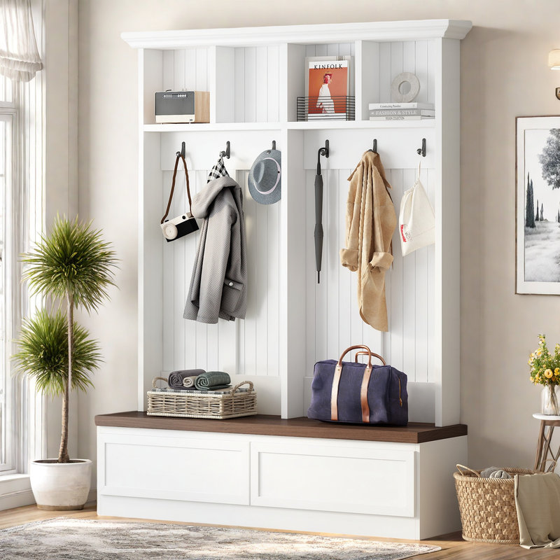 75.7"H Hall Tree with Open Storage,4-in-1 Hall Tree with Bench, White