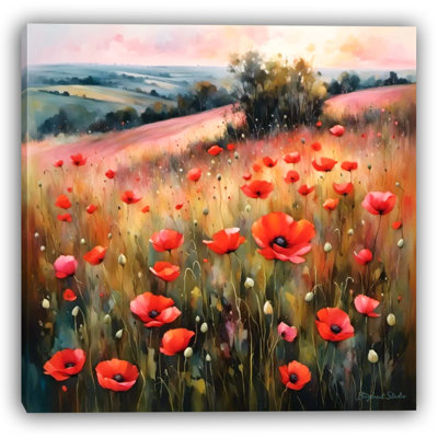 «Sunset Poppies Glow - Vibrant Field», art mural sur toile